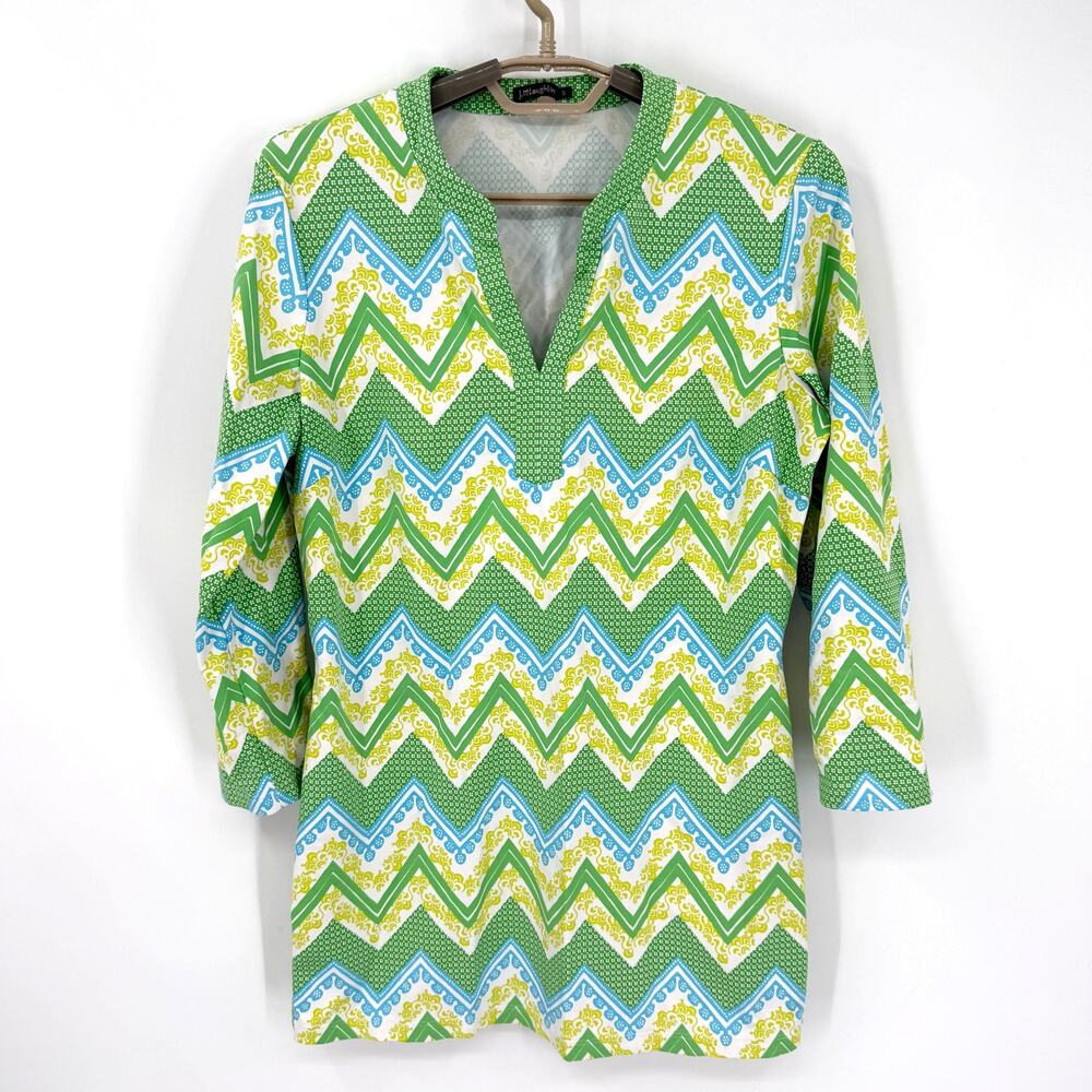 J McLaughlin Catalina Cloth Shift Dress Chevron Coverup Blue Green Size Small